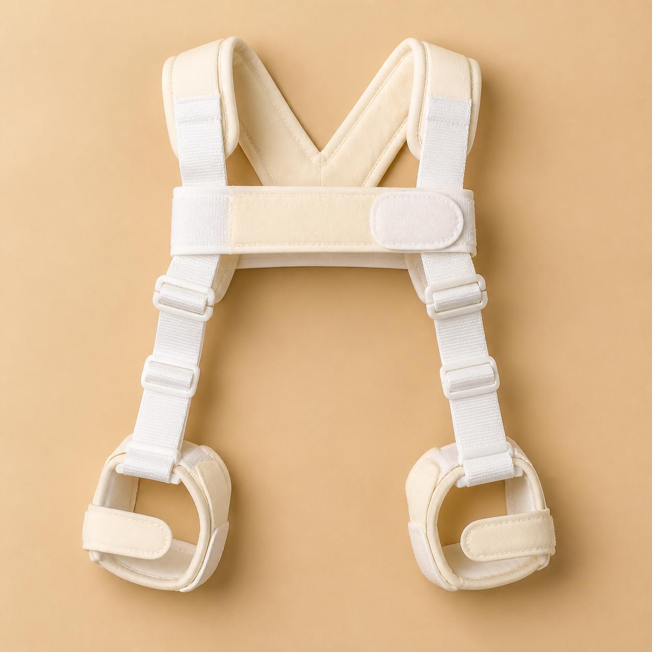 Pavlik harness for infants, shown flat with chest band, shoulder straps and foot stirrups